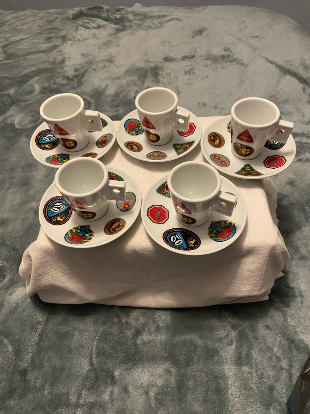 Delta White Espresso Cup and Saucer Set with Colorful Badge Accents - 5Pc